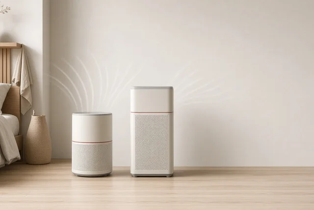 Two air purifiers side by side in a bedroom corner