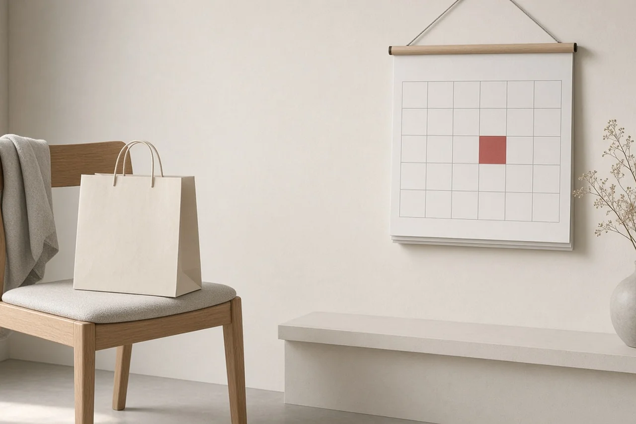 A shopping bag waiting on a chair beside a wall calendar