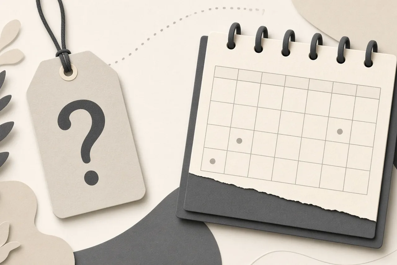 Illustration of a price tag with a question mark beside a calendar open to late November
