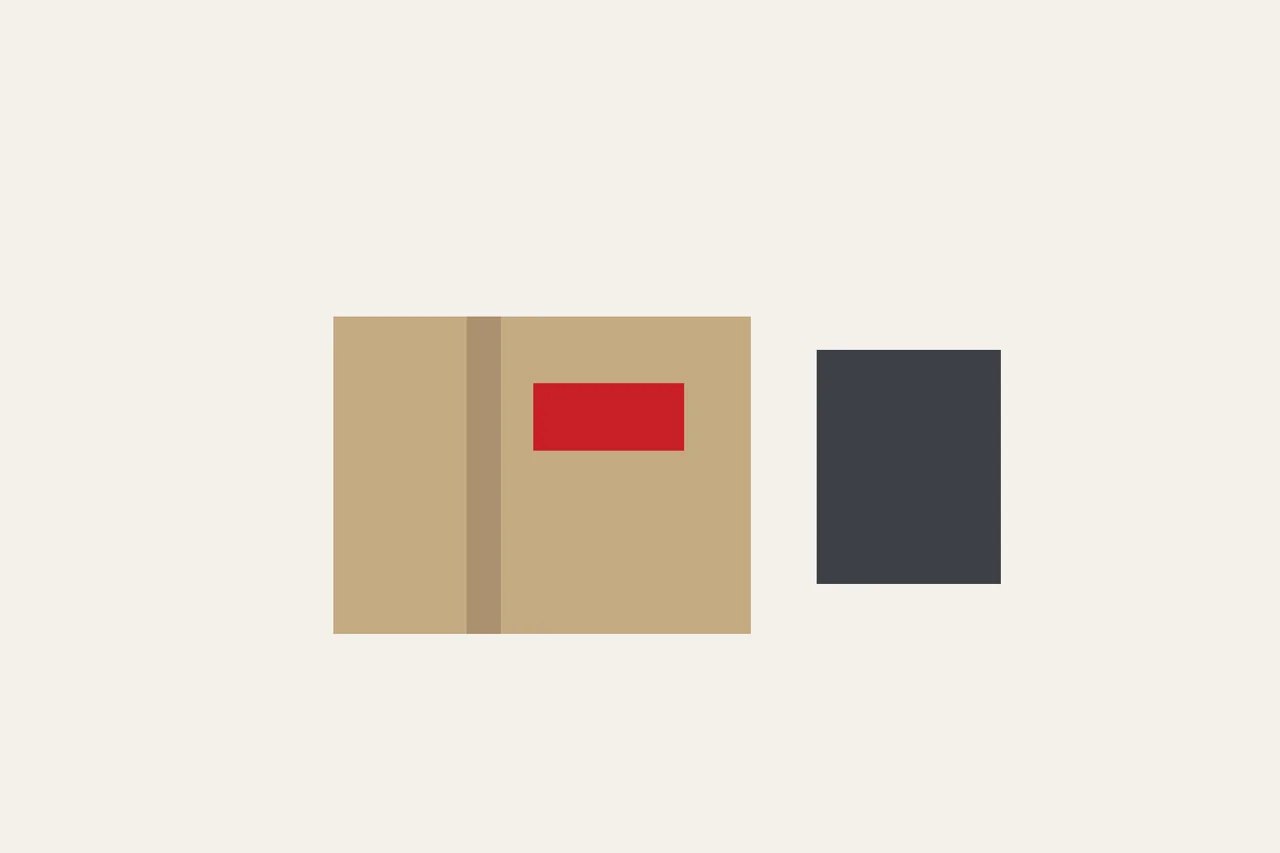 Illustration of a parcel with an international shipping label next to a smartphone box