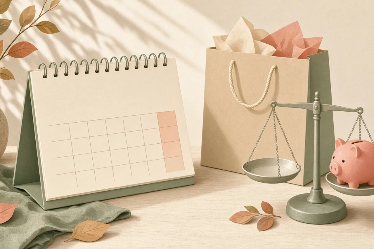 Illustration of a calendar marked for late November beside a shopping bag and a piggy bank