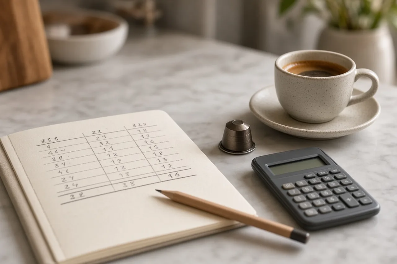 Illustration of a notebook with a cost table, a calculator, a coffee capsule and an espresso cup