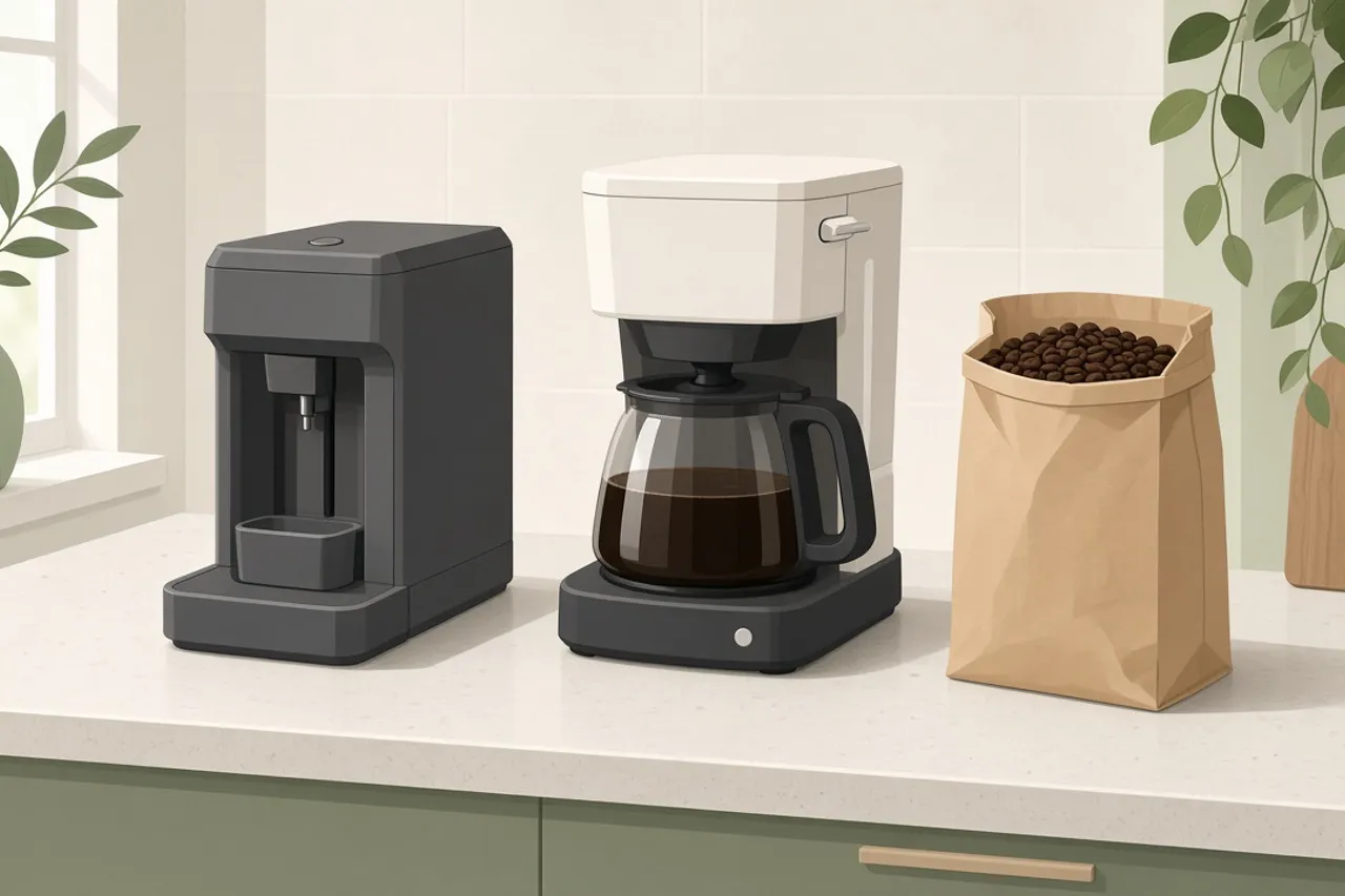 Illustration of a pod machine, a drip coffee maker and a bag of coffee beans side by side