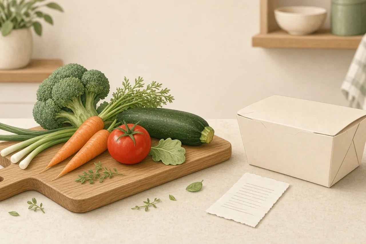 Illustration of a home kitchen chopping board beside a takeaway container and receipt