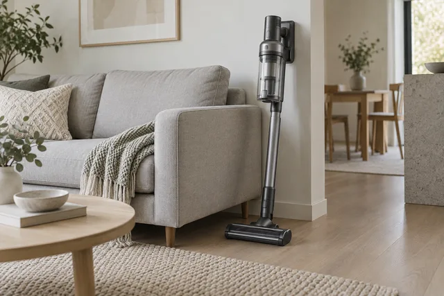 Illustration of a cordless vacuum beside a sofa