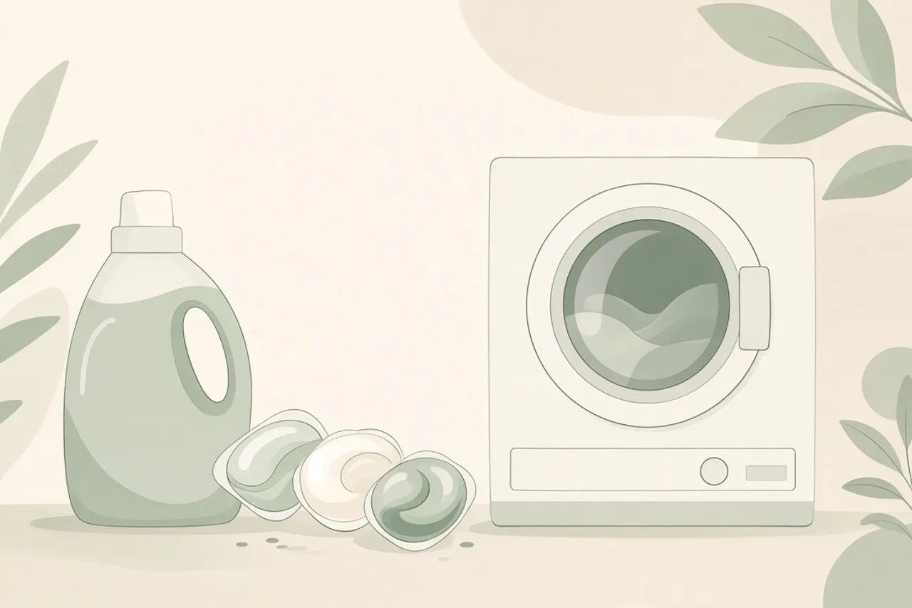 Illustration of detergent bottles and laundry pods beside a small washing machine
