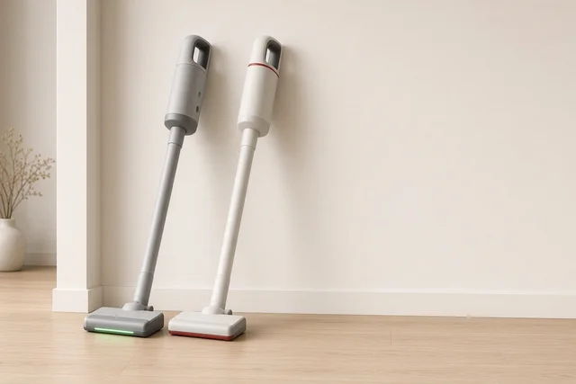 Two cordless stick vacuums leaning against a hallway wall