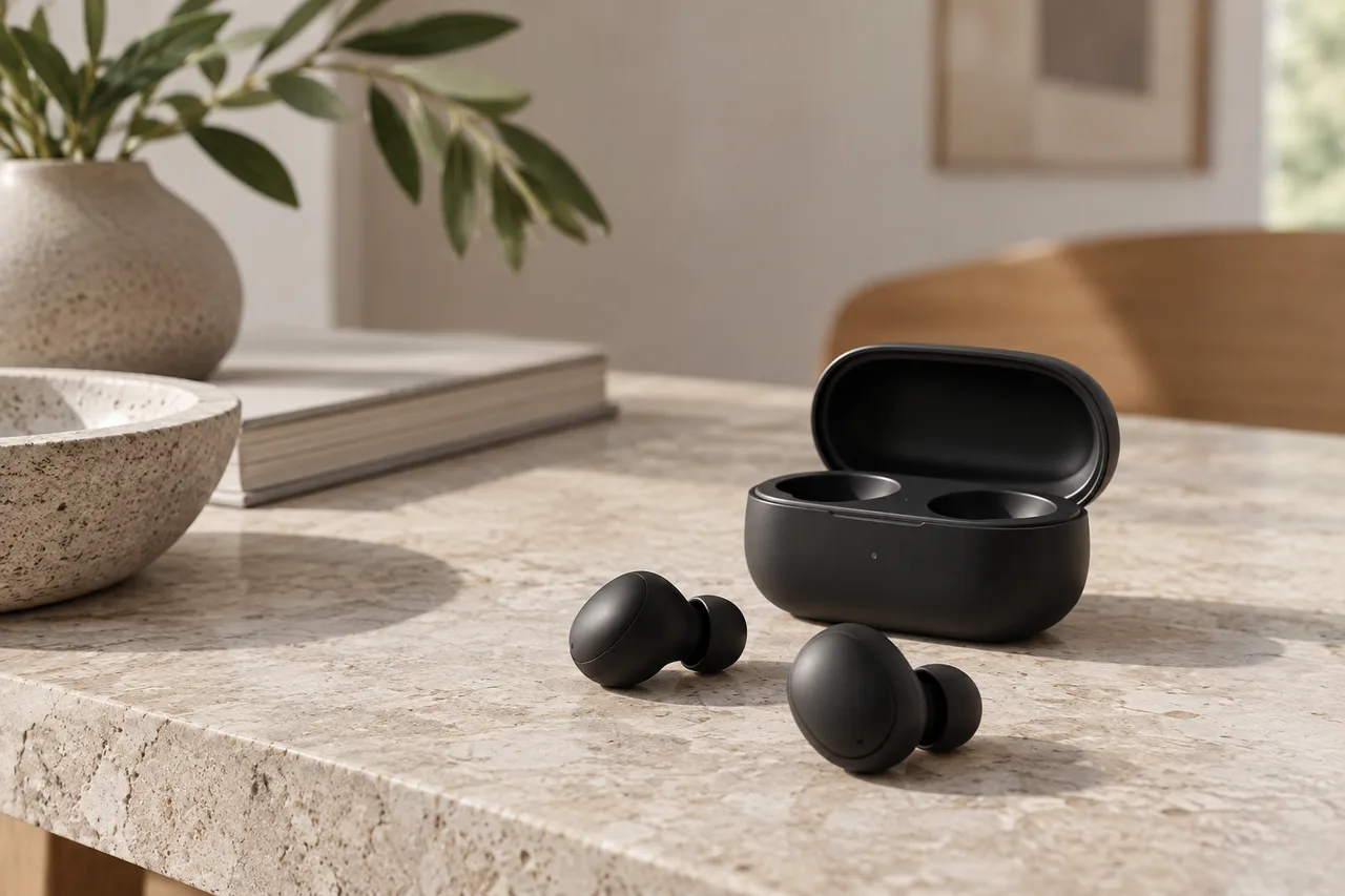 Illustration of wireless earbuds and their charging case