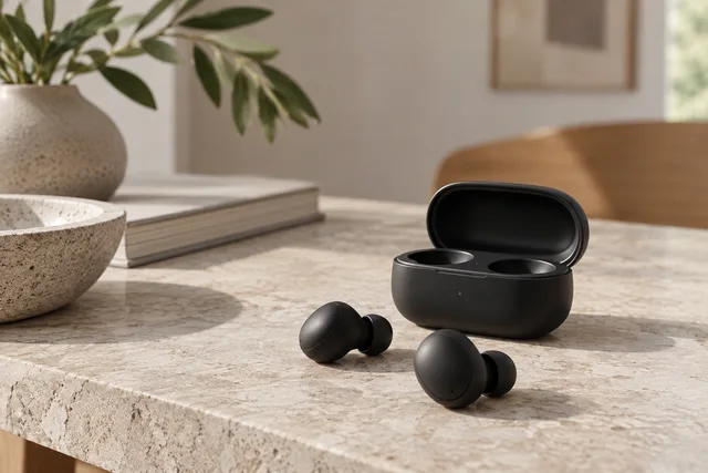 Illustration of wireless earbuds and their charging case
