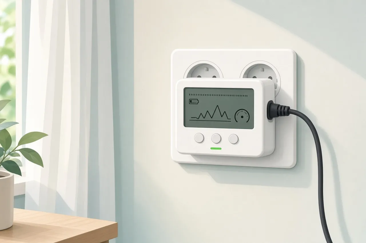 Illustration of a plug-in energy meter between a wall socket and an appliance cable