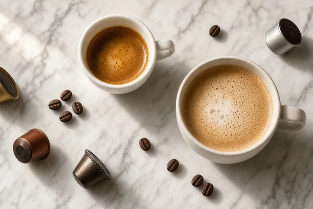 Overhead illustration of an espresso cup and a larger coffee cup with capsules and coffee beans