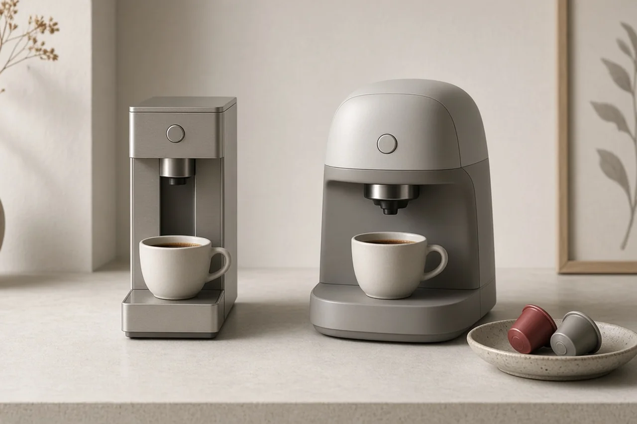 Illustration of a compact espresso machine on a kitchen counter