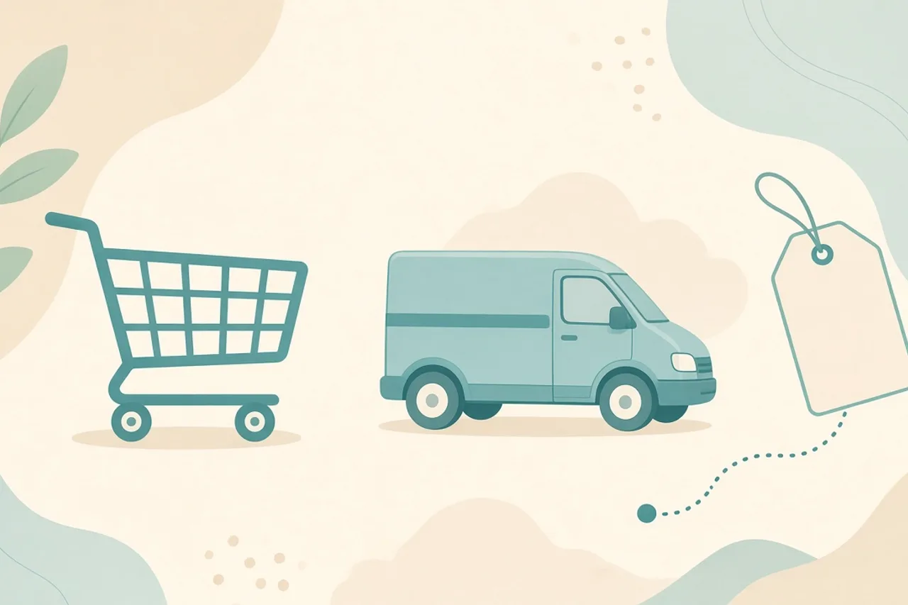 Illustration of a shopping cart beside a delivery van icon and a small shipping fee tag