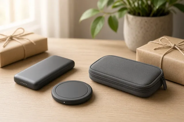 Illustration of a power bank, a charging pad and a zip pouch beside kraft paper gift boxes