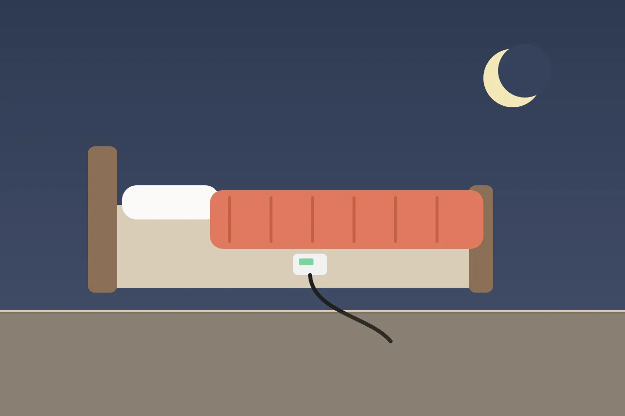 Illustration of a bed with a heated blanket and its controller plugged in at night