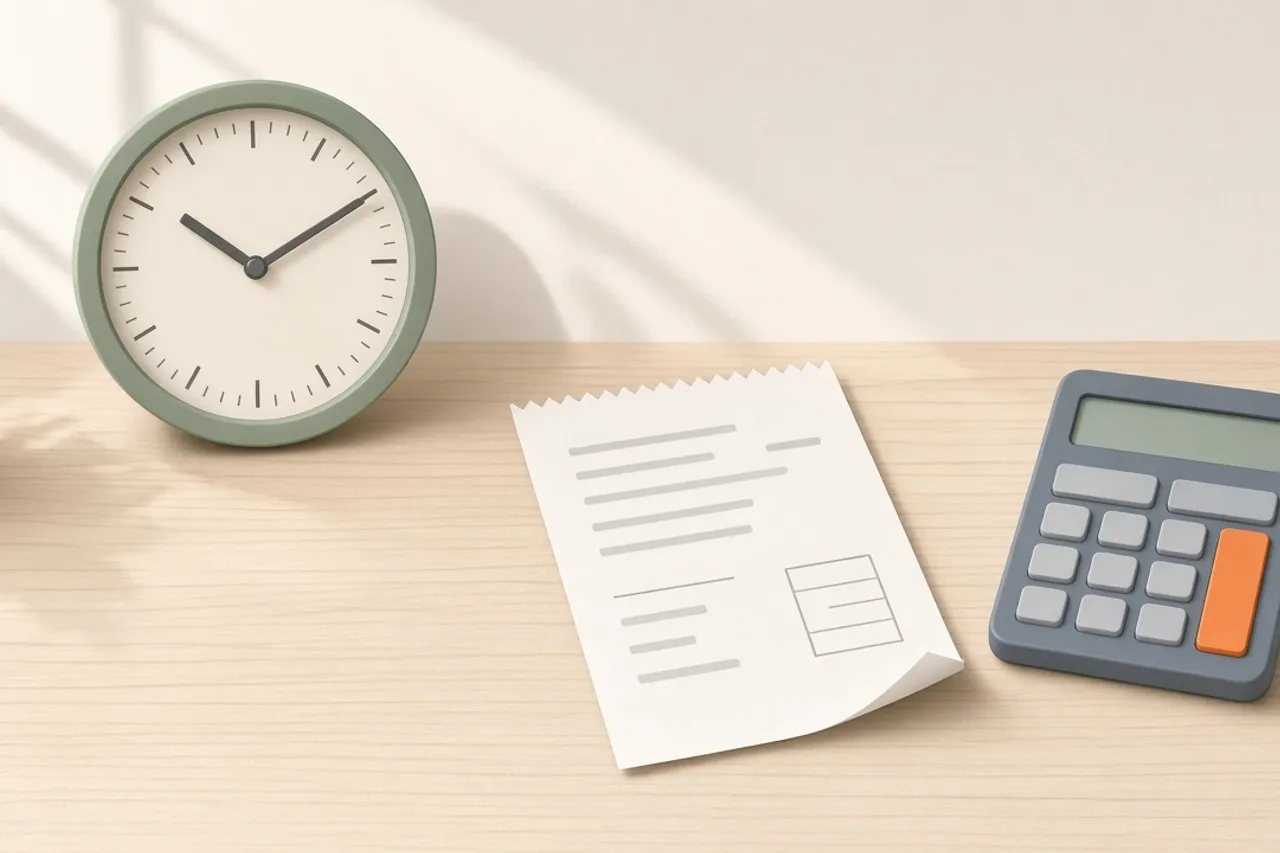 Illustration of a simple wall clock beside a receipt and a calculator