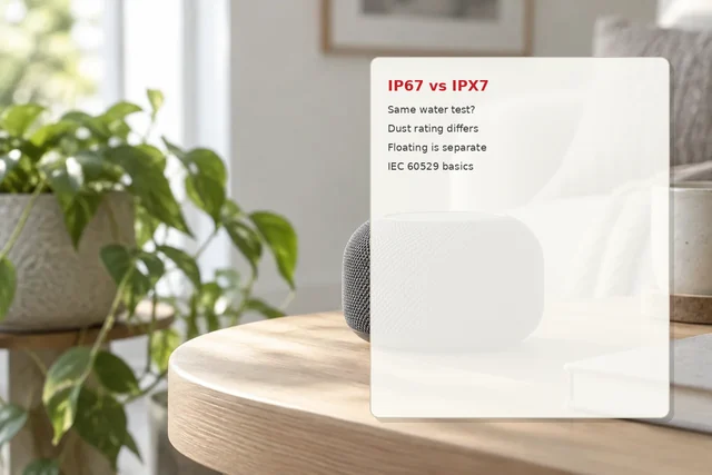 Illustration of a portable speaker beside an IP67 vs IPX7 rating card
