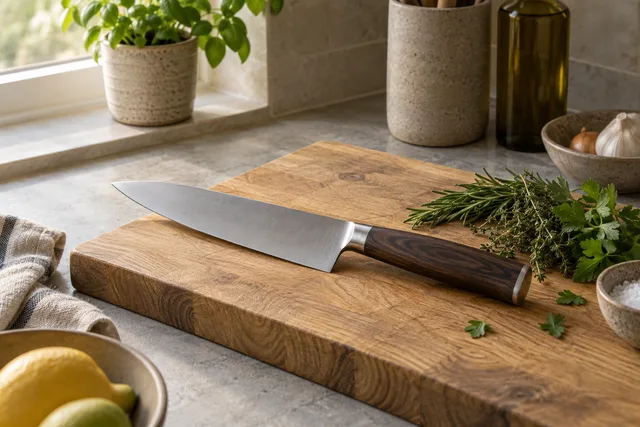 Illustration of a chef knife on a chopping board
