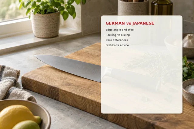 Illustration of a chef knife beside a German vs Japanese comparison card