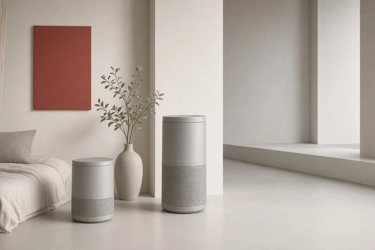 A short and a tall air purifier in a bedroom nook and a living space
