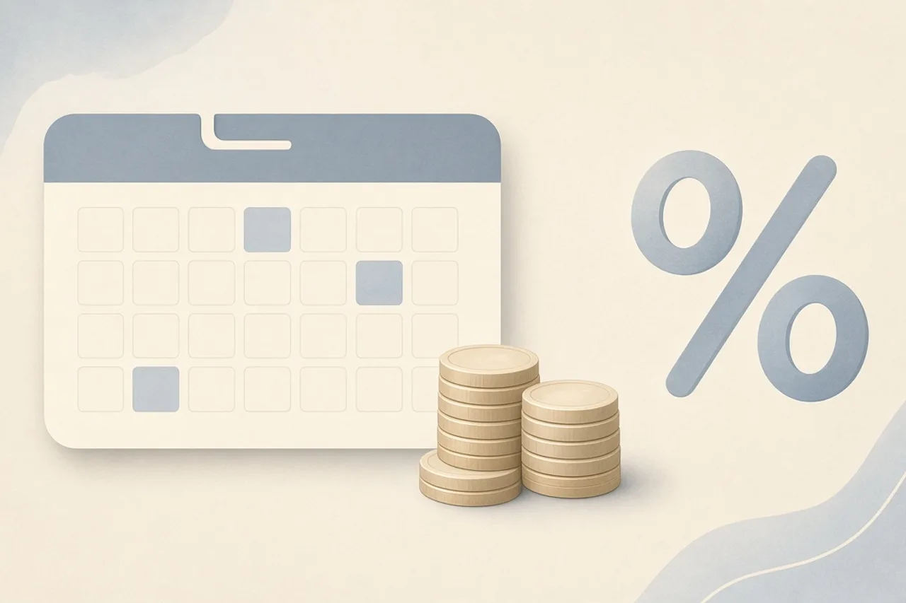 Illustration of a calendar of monthly payments beside a simple percentage symbol and coins