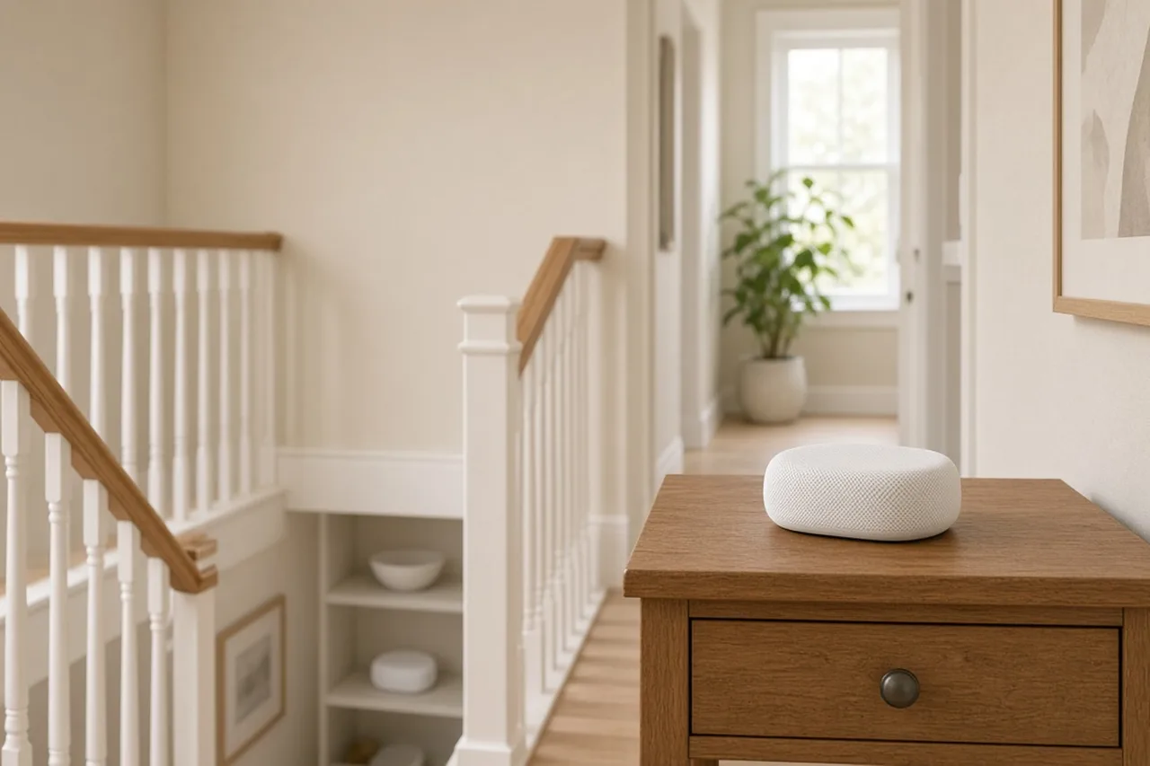 Illustration of a small white Wi-Fi unit on a side table on a staircase landing
