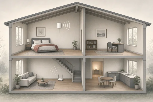 Illustration of a home Wi-Fi path from router to a far room