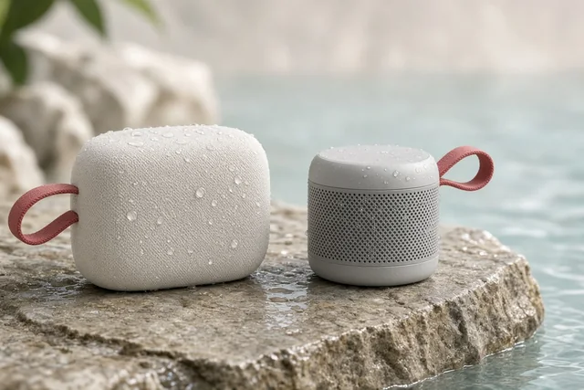 Illustration of two small portable Bluetooth speakers
