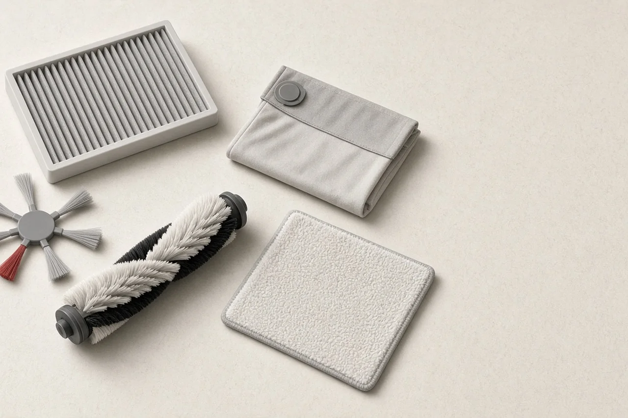 Robot vacuum filter, brushes, dust bag and mop pad laid out on a table