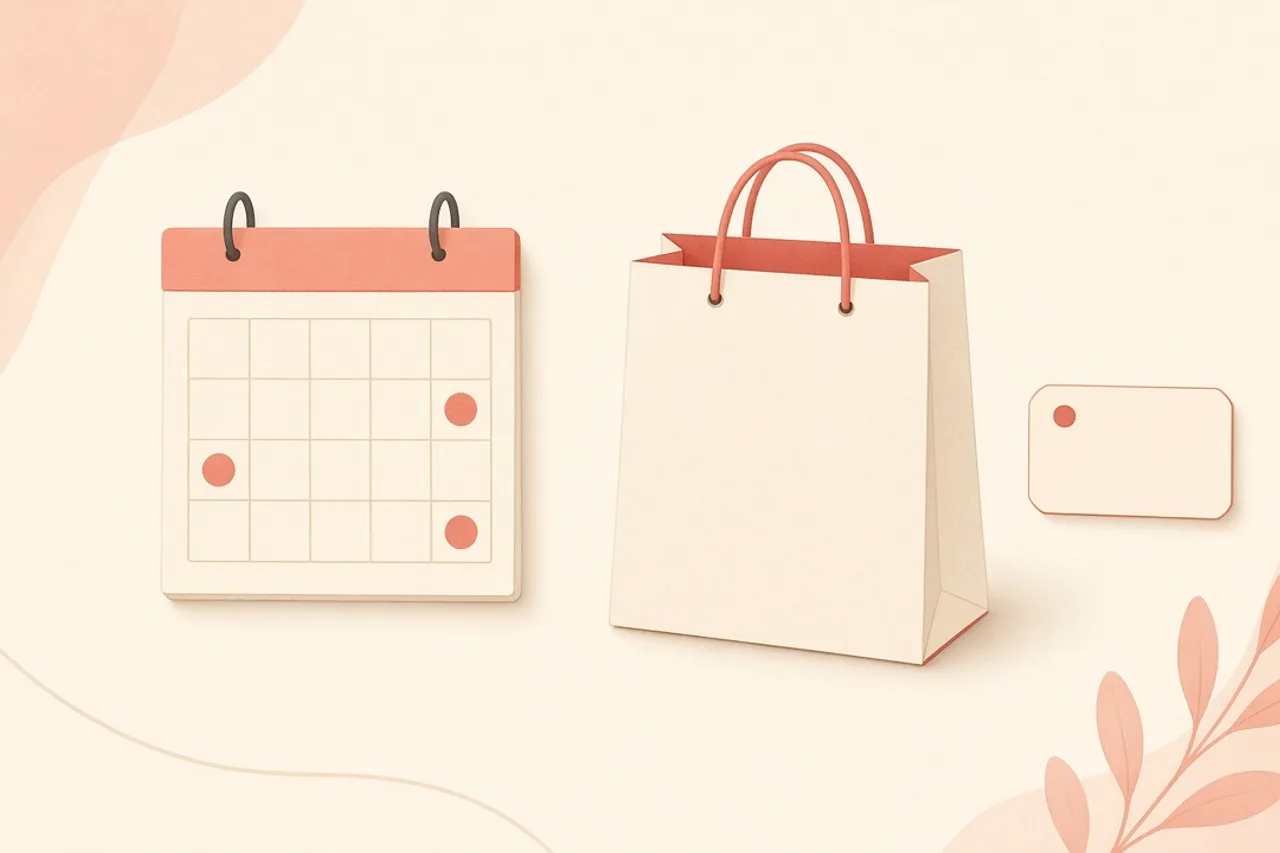 Illustration of a calendar of installment dates beside a shopping bag and a small fee tag