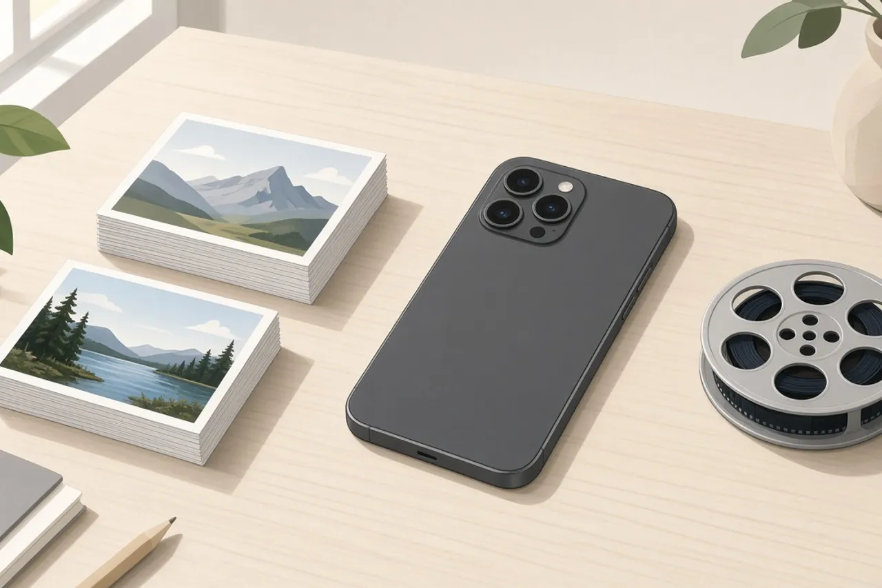 Illustration of a smartphone beside stacks of photo prints and a film reel icon
