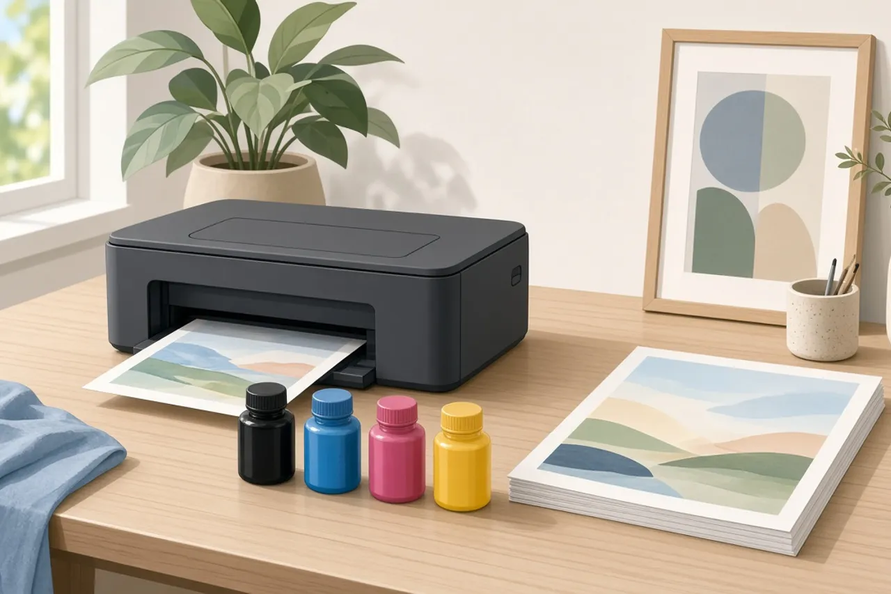 Illustration of an inkjet printer with ink bottles and a stack of printed pages