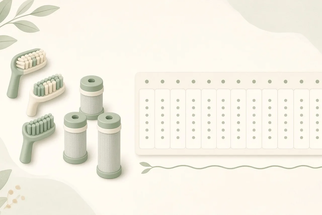 Illustration of replacement toothbrush heads and filter cartridges beside a small yearly calendar