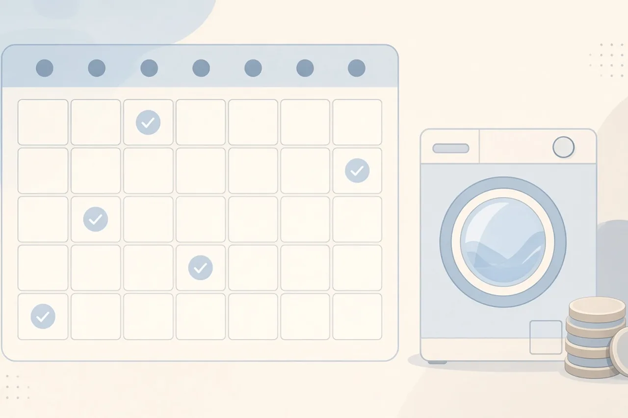 Illustration of a weekly payment calendar beside a household appliance and a stack of coins