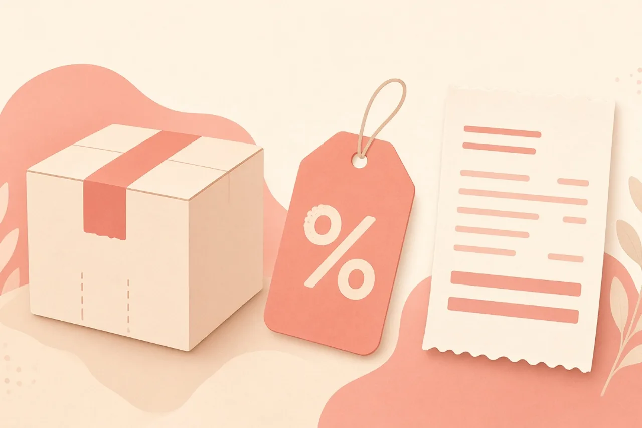 Illustration of a returned package with a percentage fee tag beside a receipt