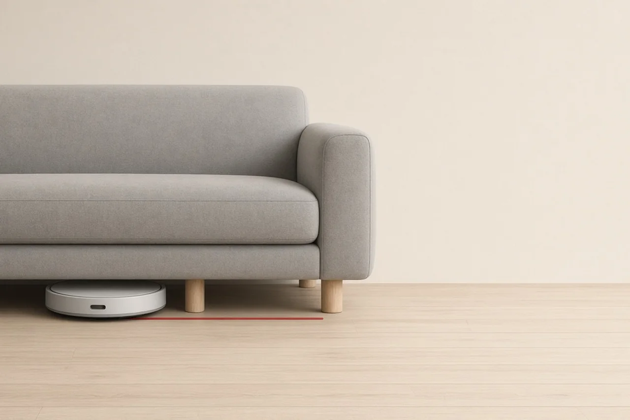 A robot vacuum sliding into the gap under a low sofa