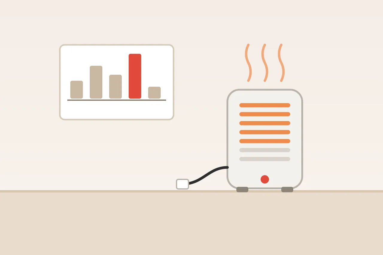 Illustration of an electric space heater beside a bar chart of electricity prices