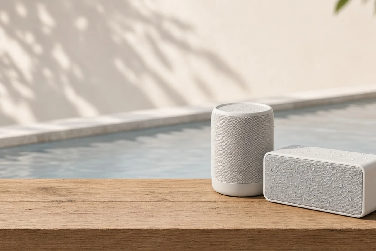 Two portable speakers on a poolside deck