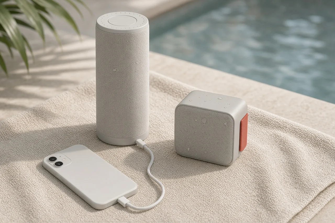 Illustration of two portable speakers of different sizes by a pool
