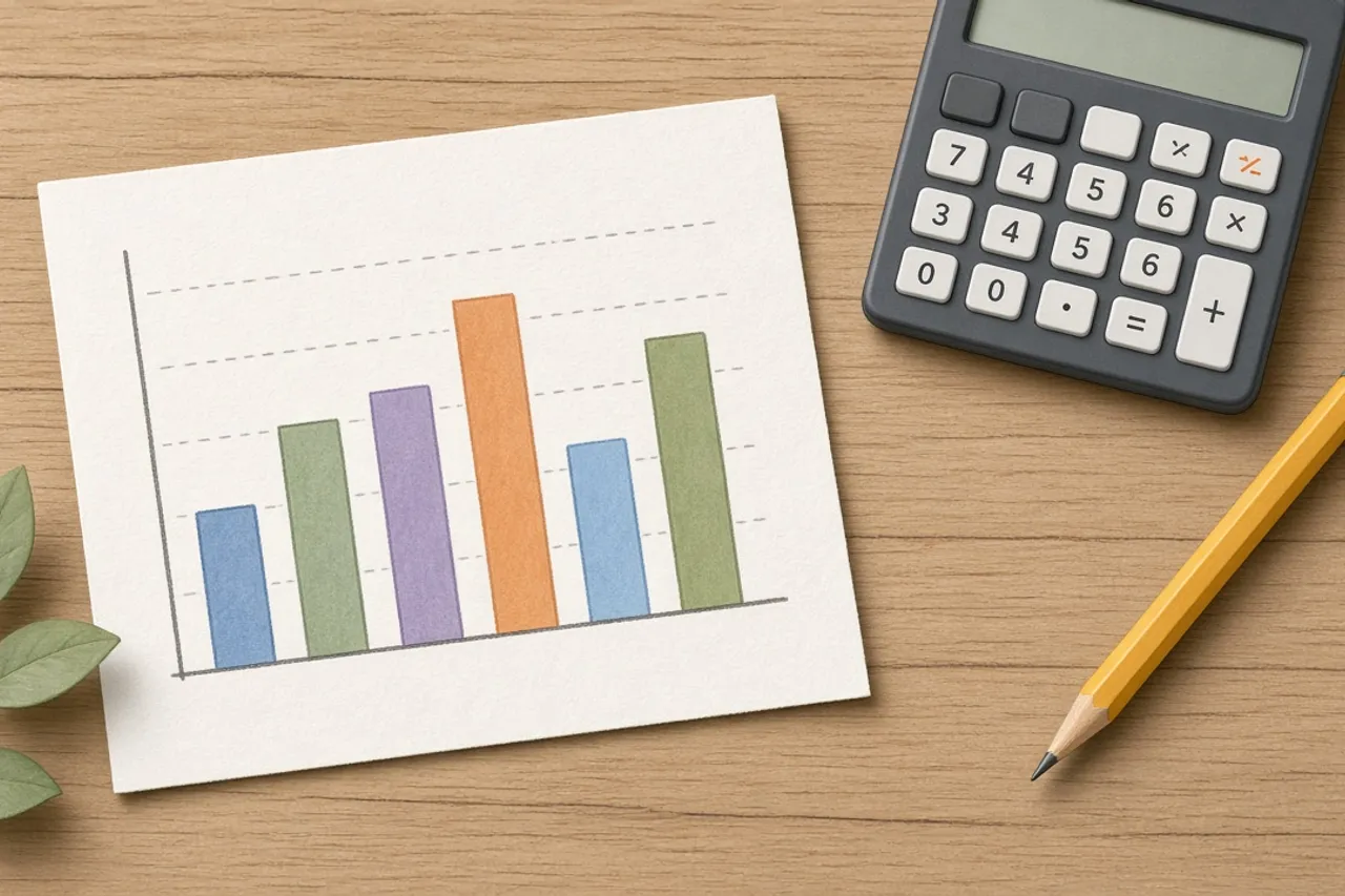 Illustration of a simple bar chart drawn on paper beside a calculator