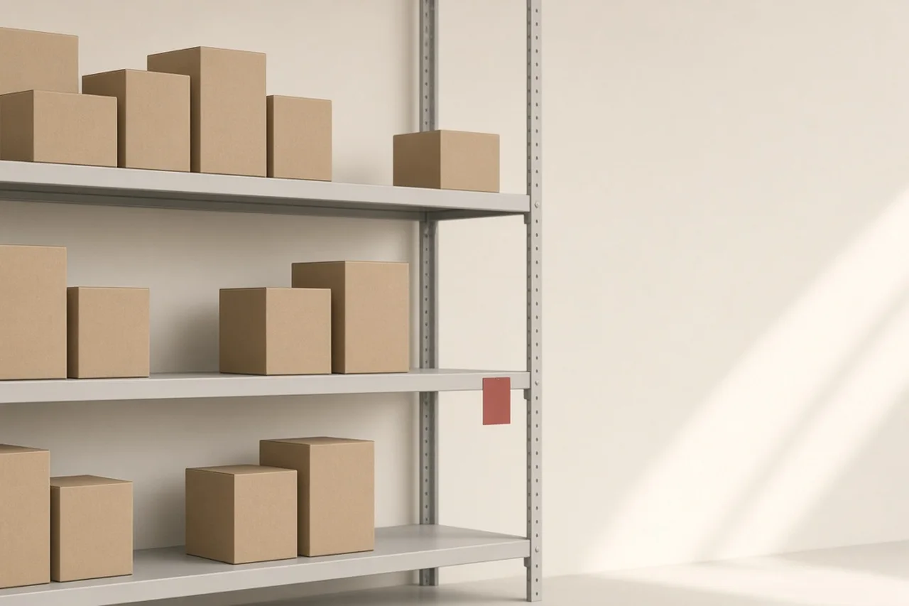 Shelves of product boxes with several empty gaps