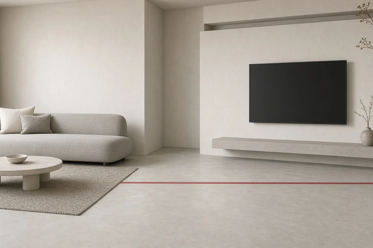 A sofa facing a wall-mounted TV across a measured stretch of floor