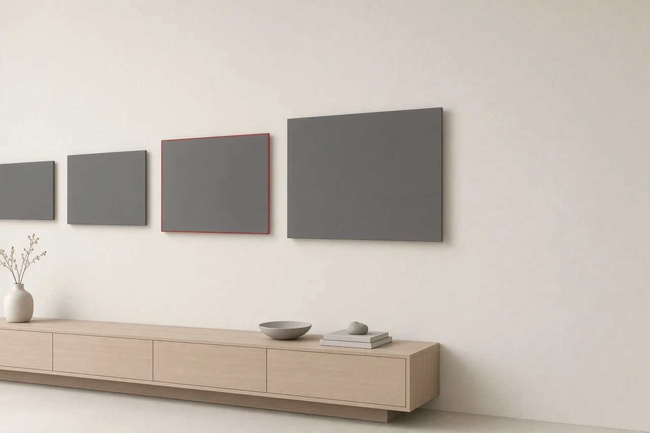 Four TV screens of increasing size on a wall