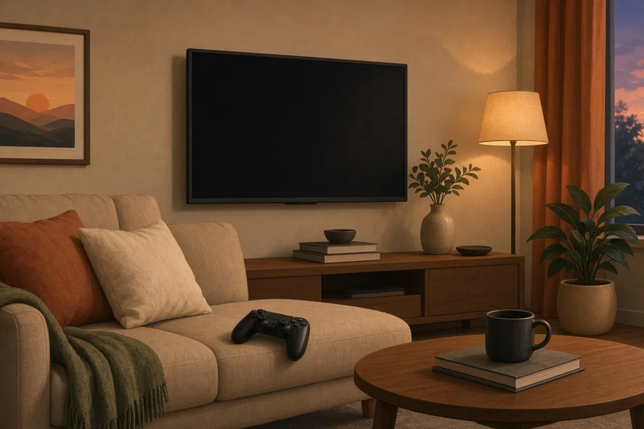 Illustration of a living room with a television and a game controller on the sofa