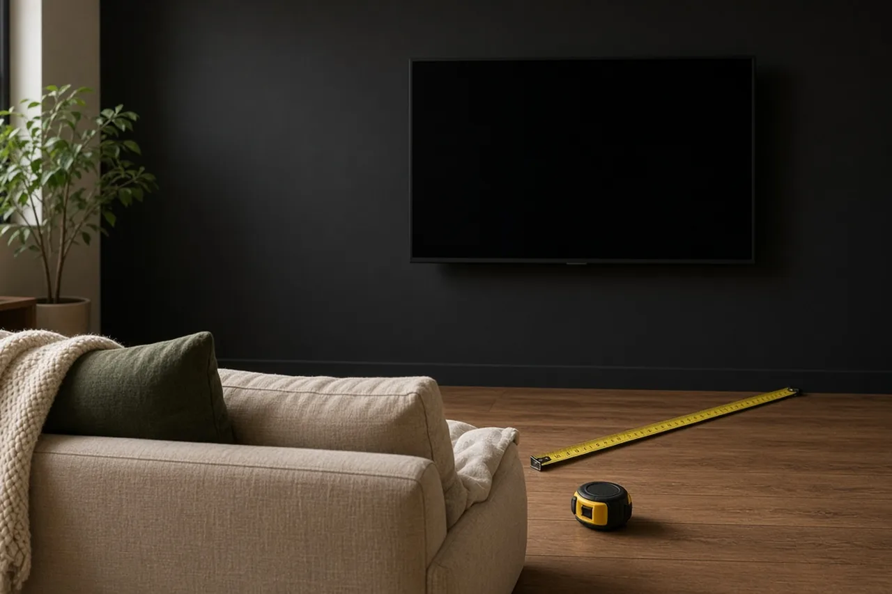 Illustration of a sofa facing a wall-mounted television with a tape measure on the floor