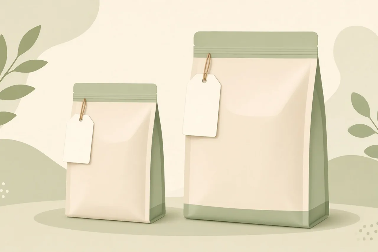 Illustration of a small pack and a large pack of the same product with simple price tags