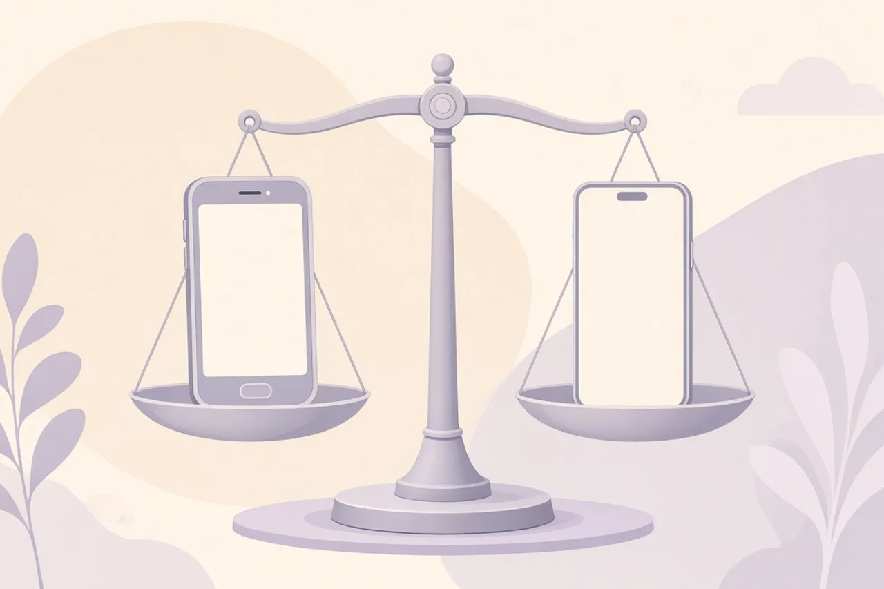 Illustration of an older phone and a newer phone on a simple balance scale