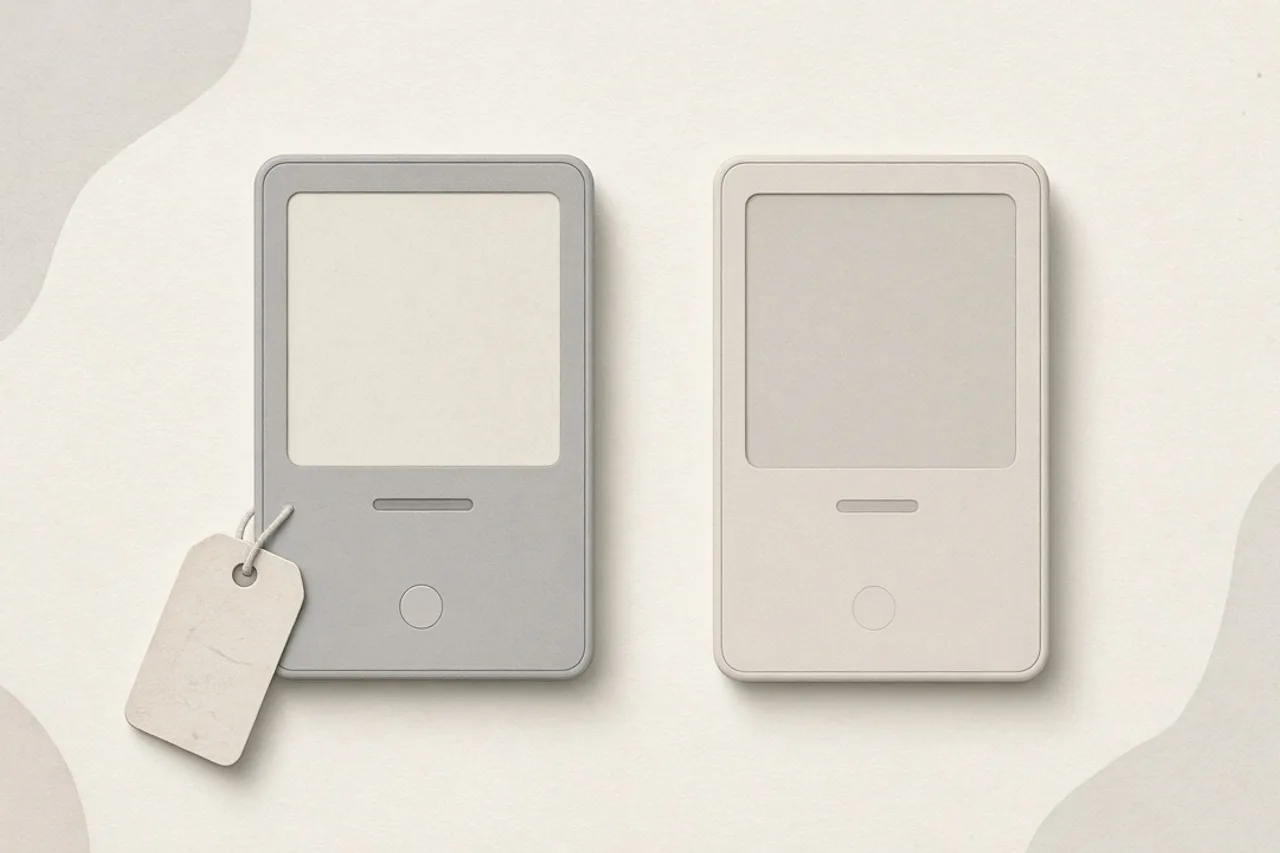 Illustration of two similar gadgets side by side, one with a small price tag marked used