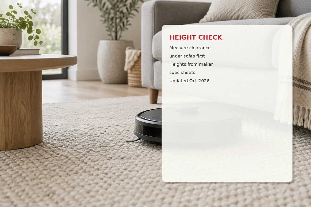 Illustration of a robot vacuum beside a height clearance card