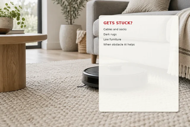 Illustration of a robot vacuum near clutter with a stuck-problem card